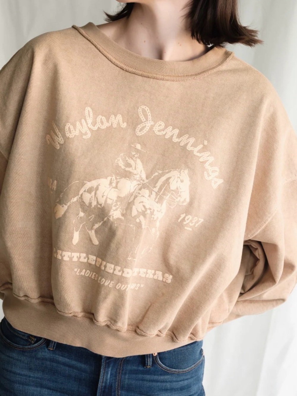 Waylon Jennings Beige Crewneck Graphic Sweater